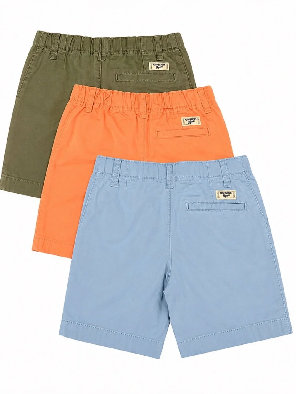 OshKosh Boys 3 Pair Chino Cotton Shorts - Blue, Coral and Olive.       Size 5/5A